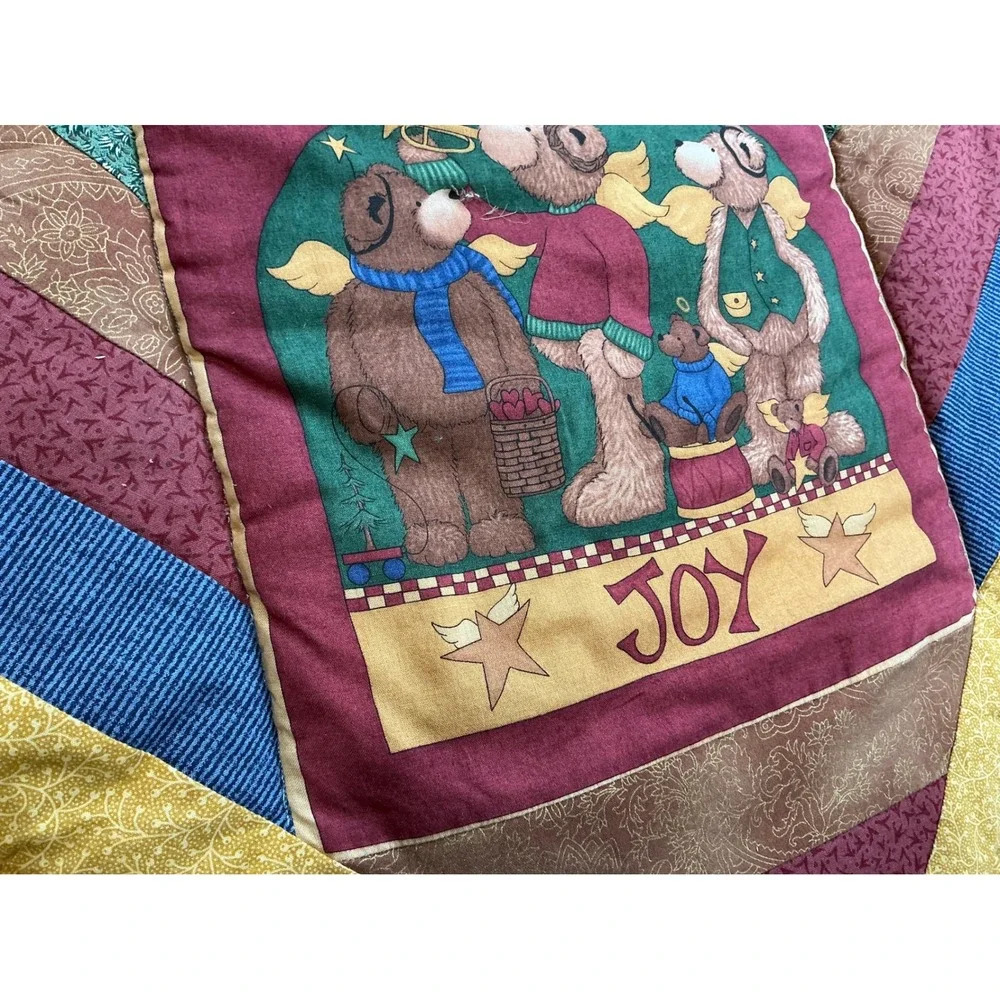 Vintage Christmas Teddy Bear Patchwork Quilt Throw Blanket Love Joy Peace 33x33